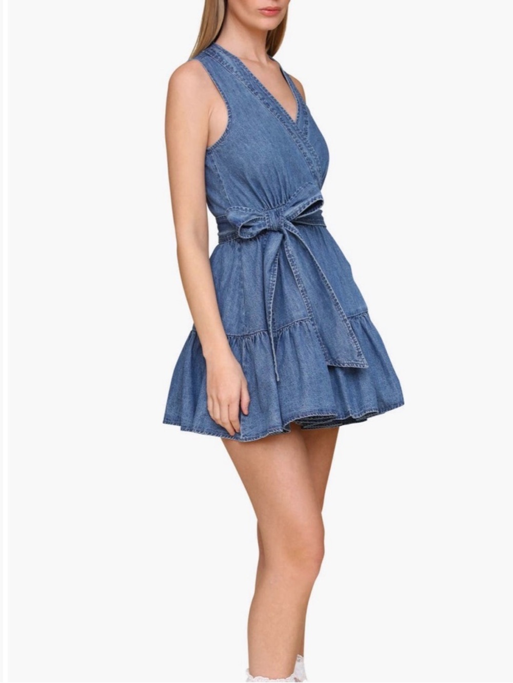 Avec Les Filles Sleeveless Denim-Style Tie-Waist Mini Dress in Blue